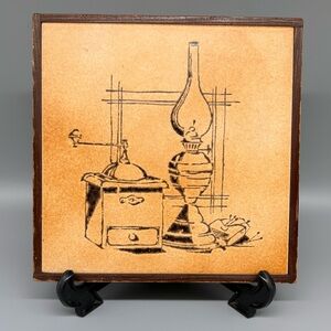 Vintage Ceramic Tile Trivet with Wood Frame, Grinder & Oil Lamp Design - 1970s
